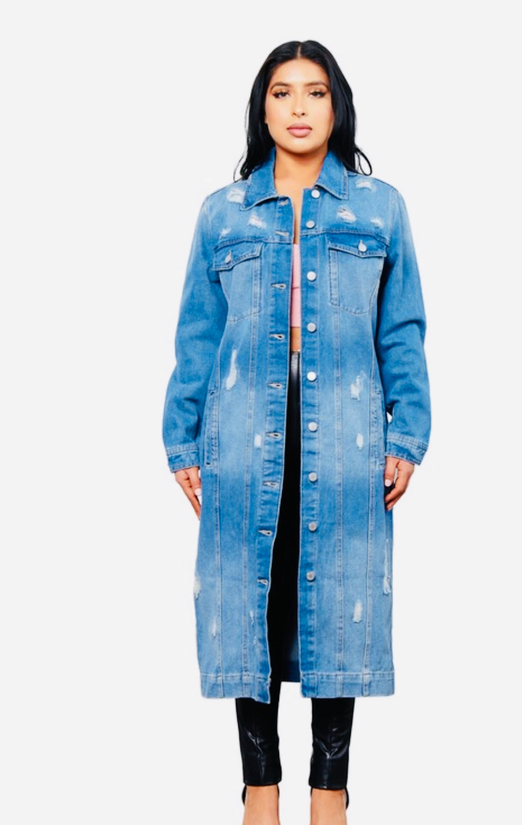 Long distressed jean jacket