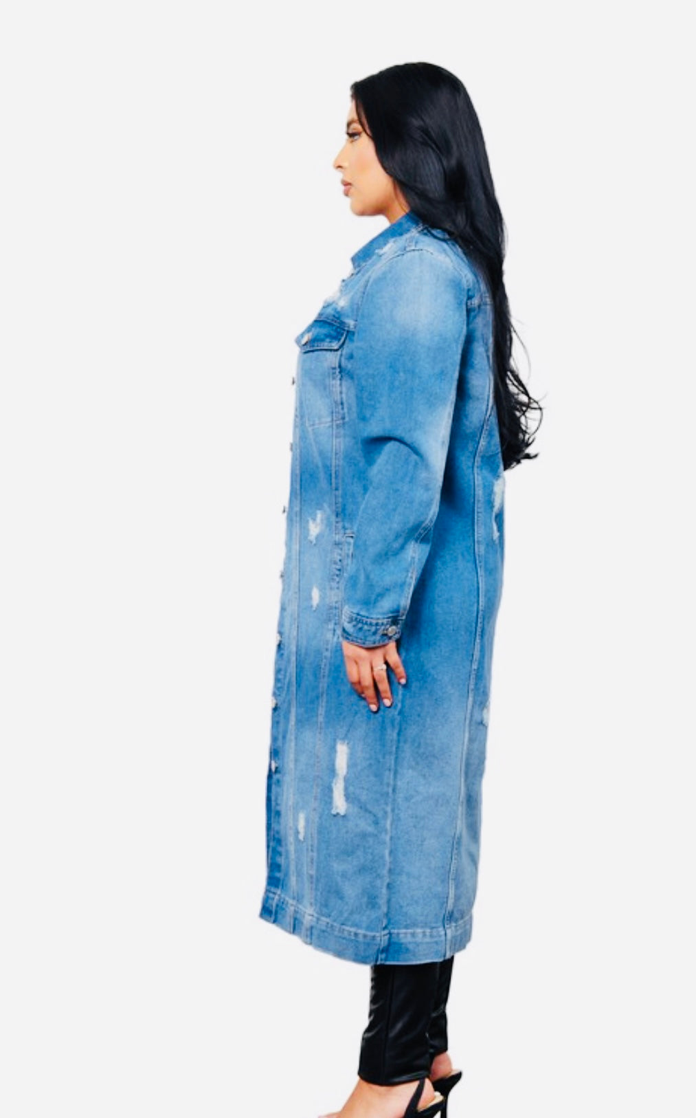 Long distressed jean jacket
