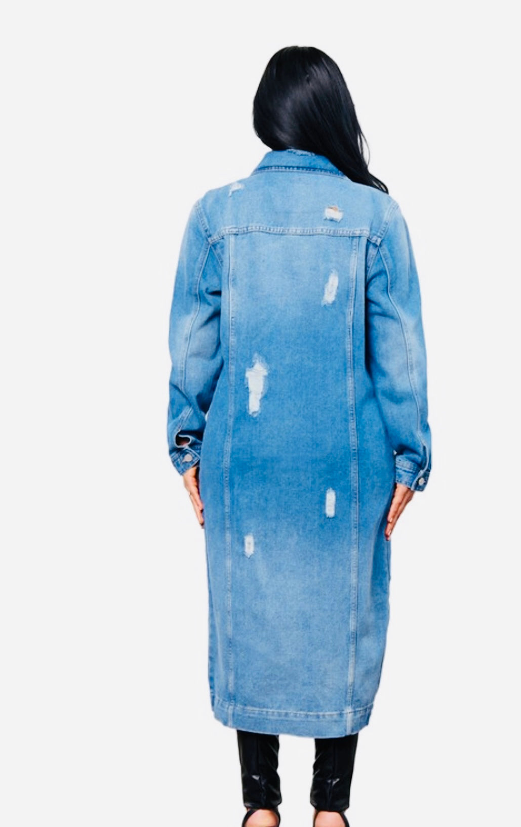 Long distressed jean jacket