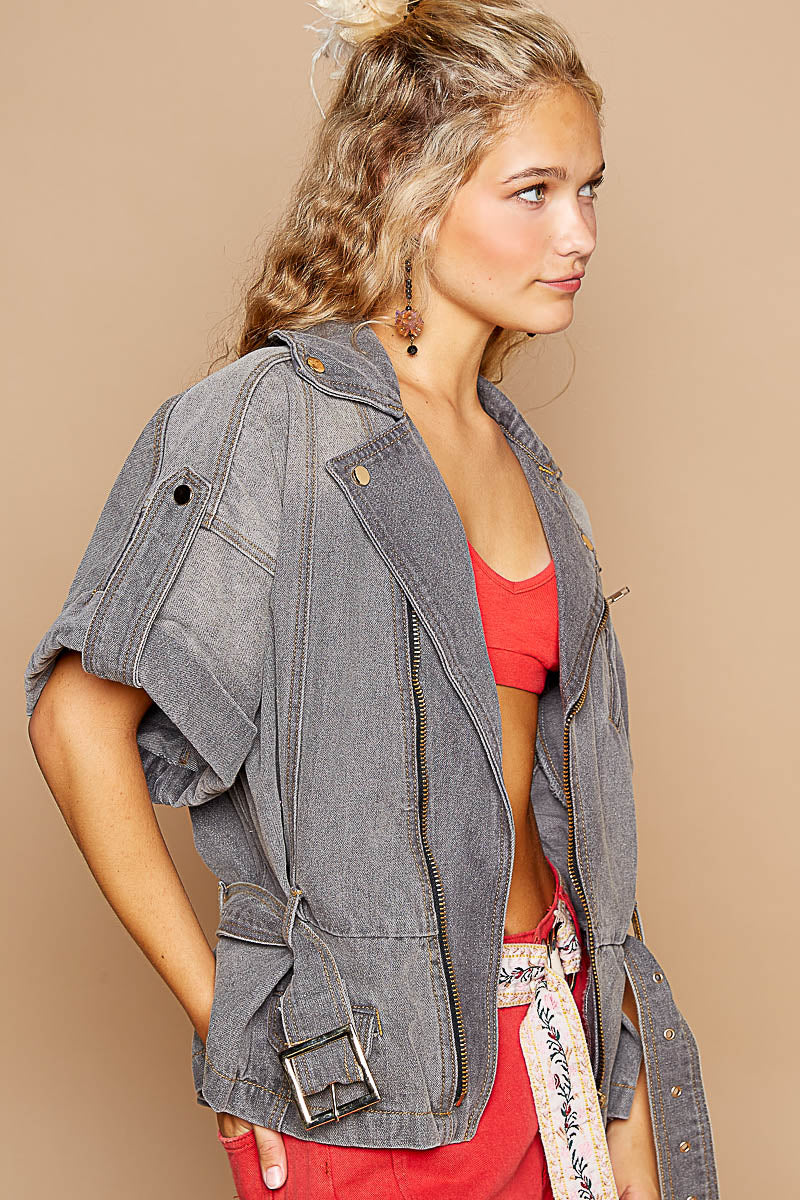 Belted denim moto jacket