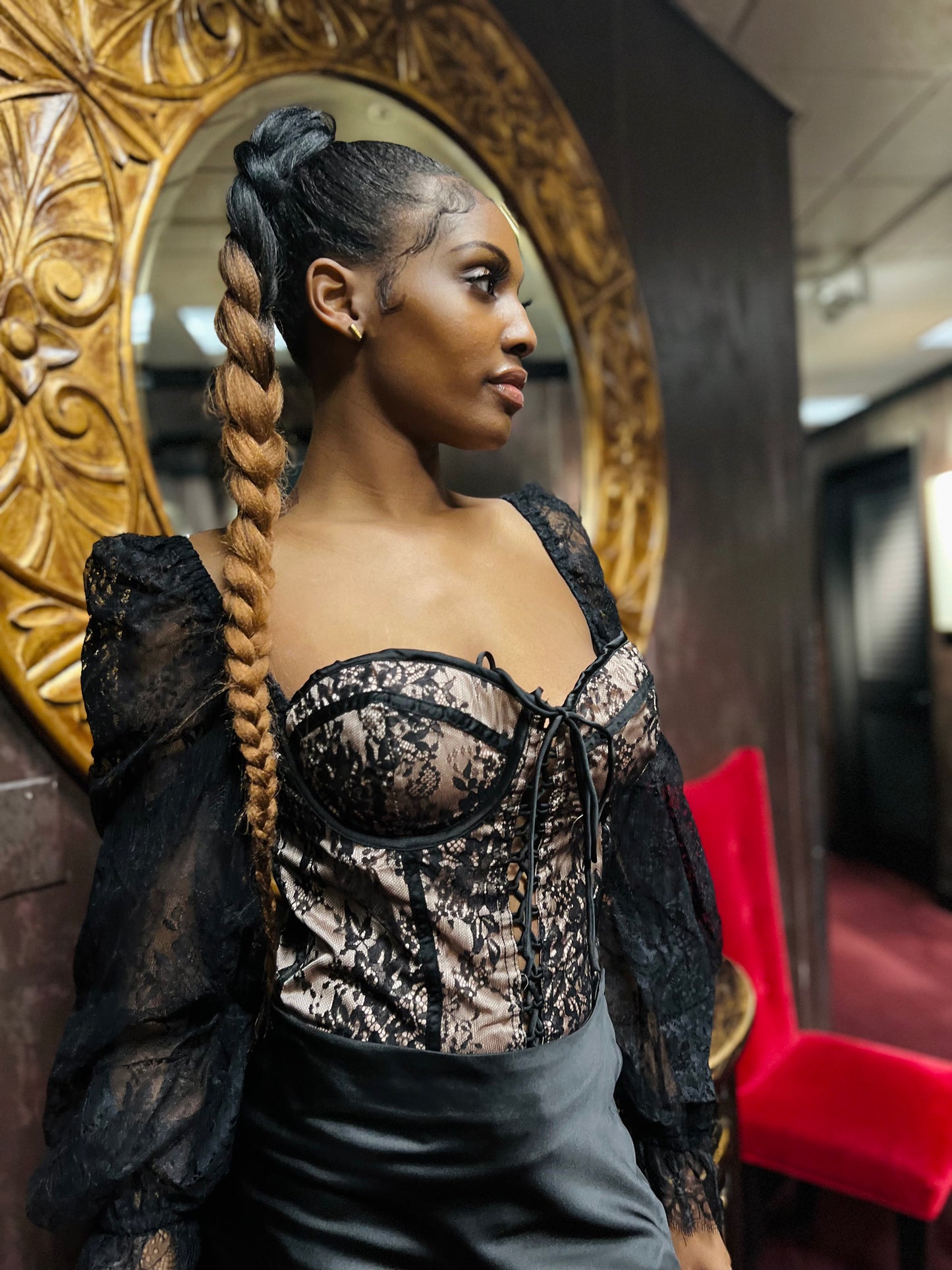 Lace puff sleeve corset bodysuit