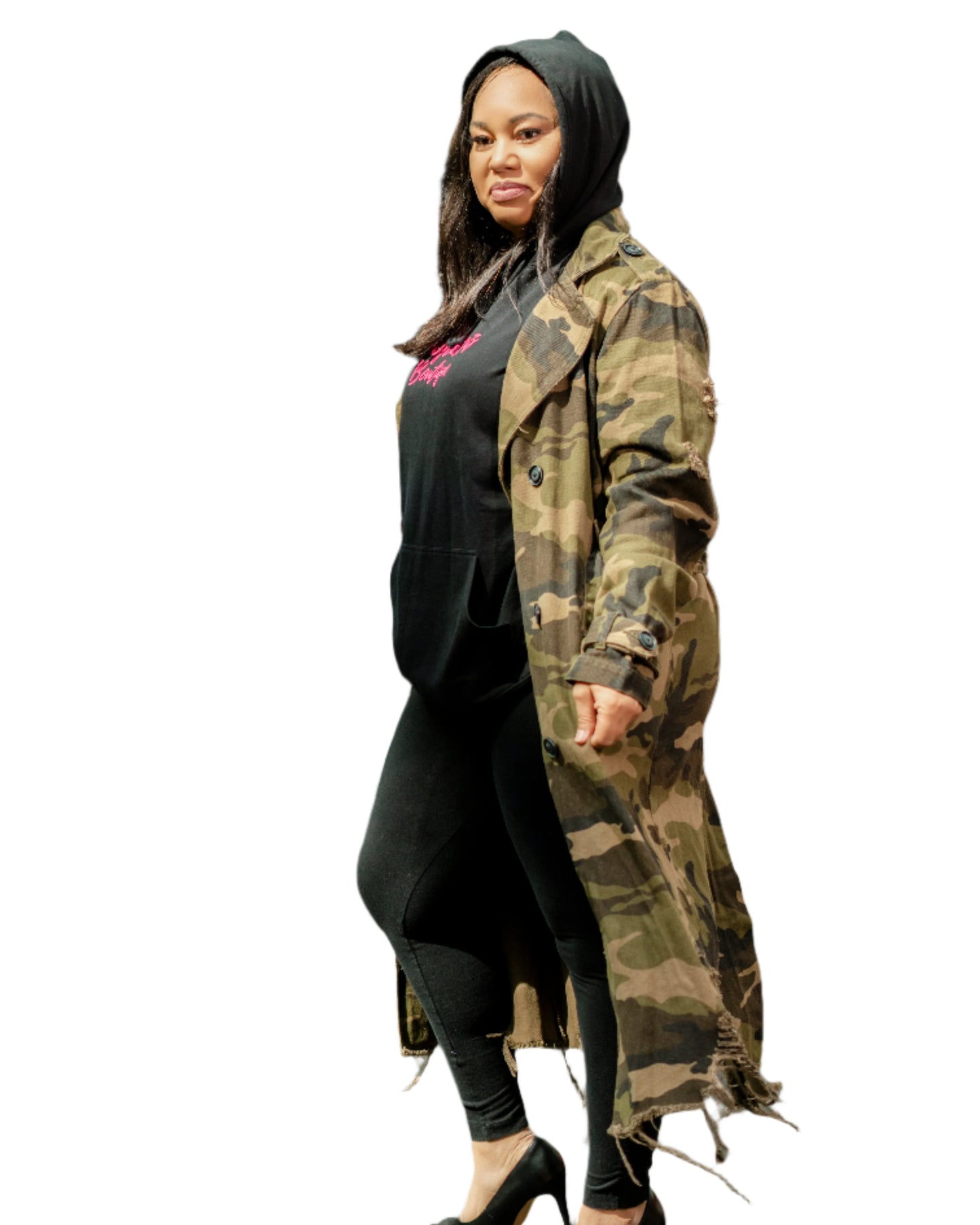 Camouflage trench coat