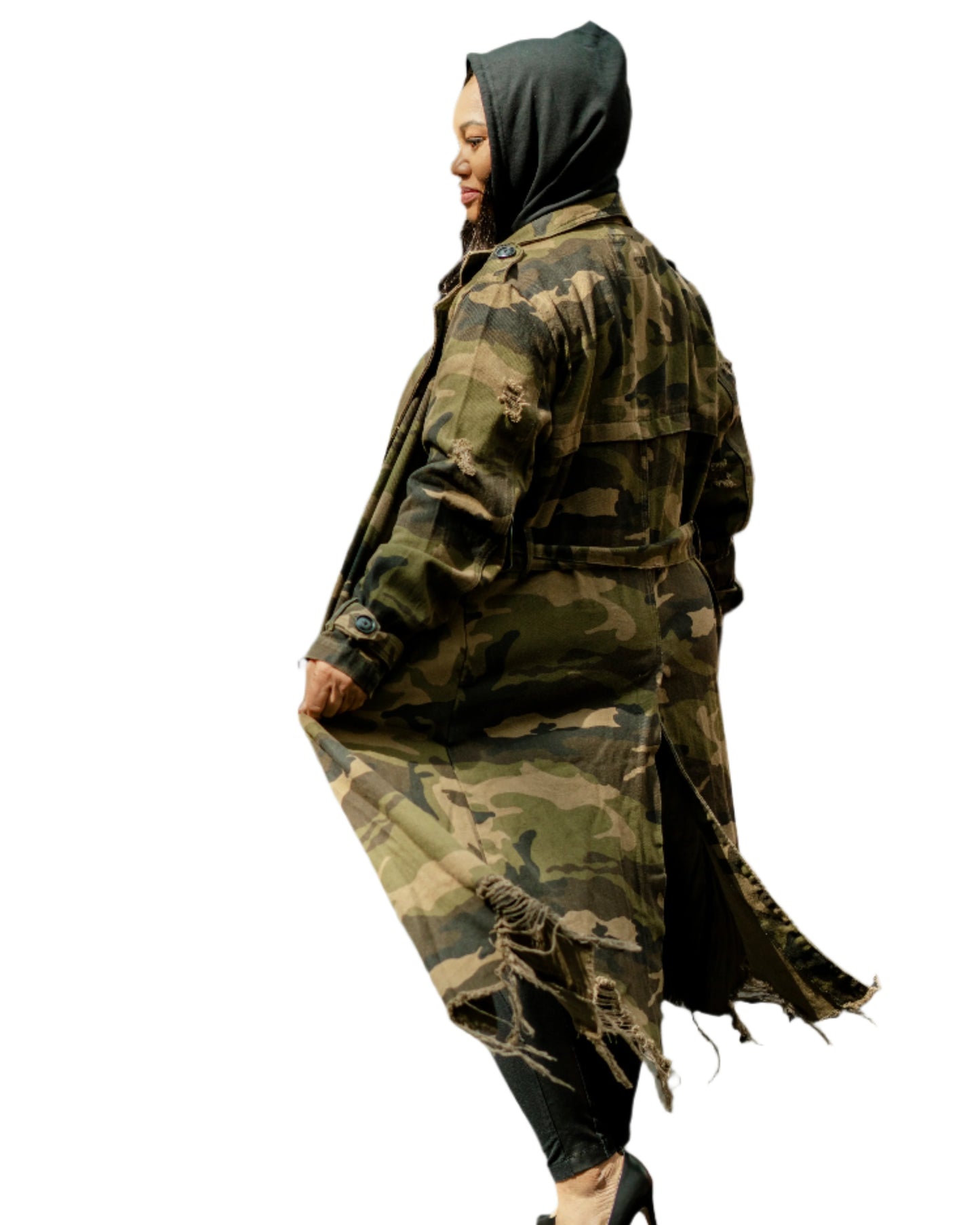 Camouflage trench coat