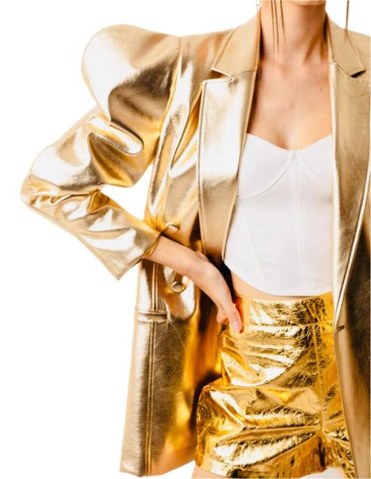 Metallic puff sleeve PU blazer