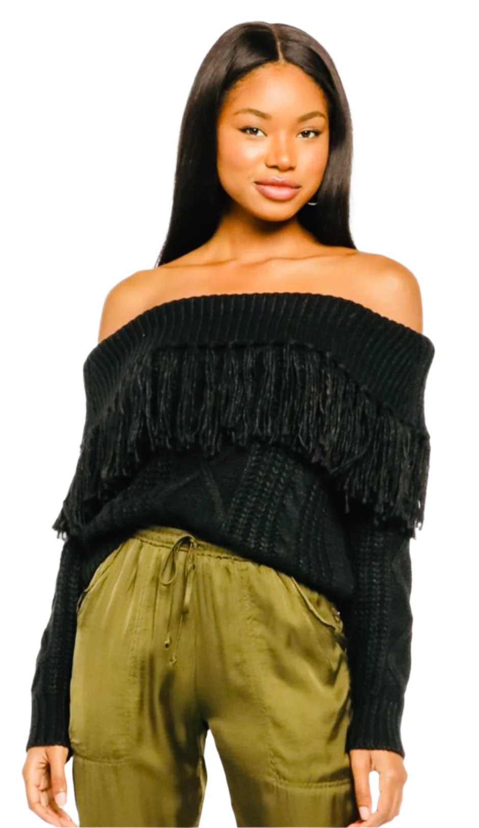 Off shoulder fringe sweater