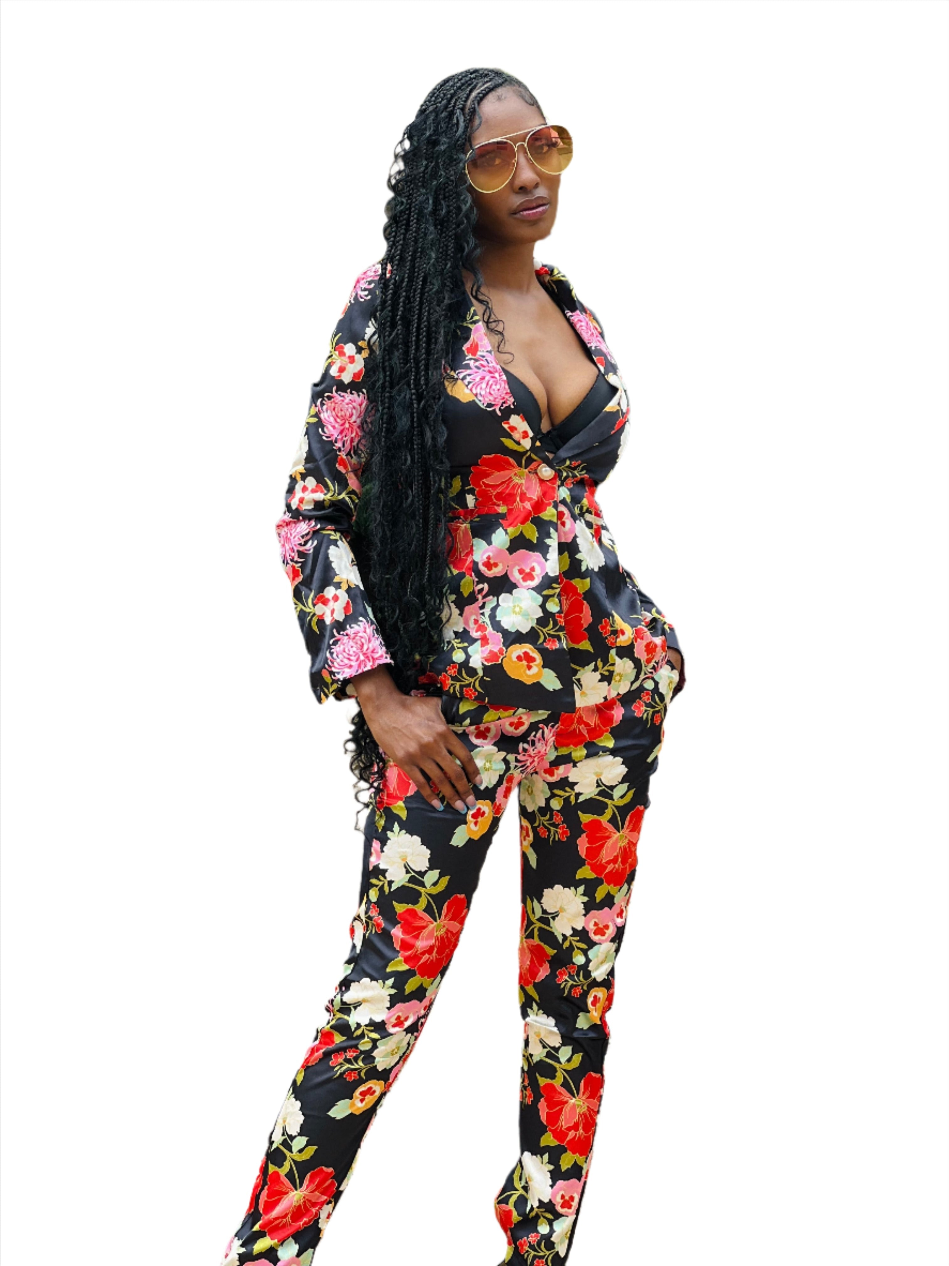 Satin floral pants suit