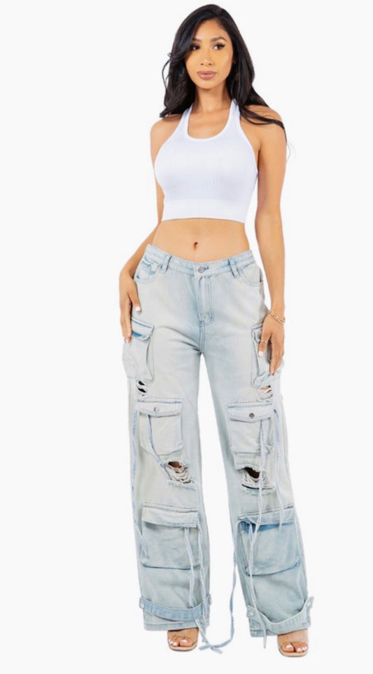 Distressed cargo jeans